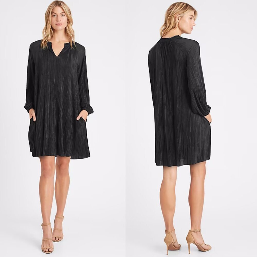 NWT New $119 Banana Republic Plisse Swing Black Long Sleeve Dress Size M